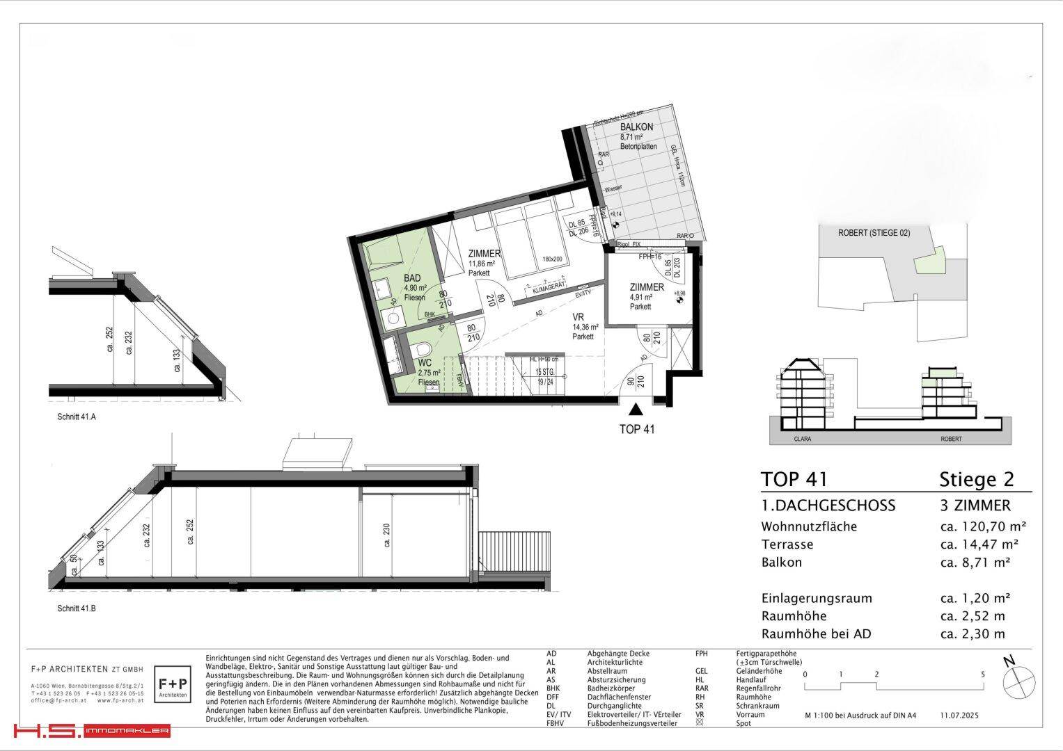 Grundriss des ersten Dachgeschosses mit Zimmern, Bad, WC, Balkon und Terrasse.