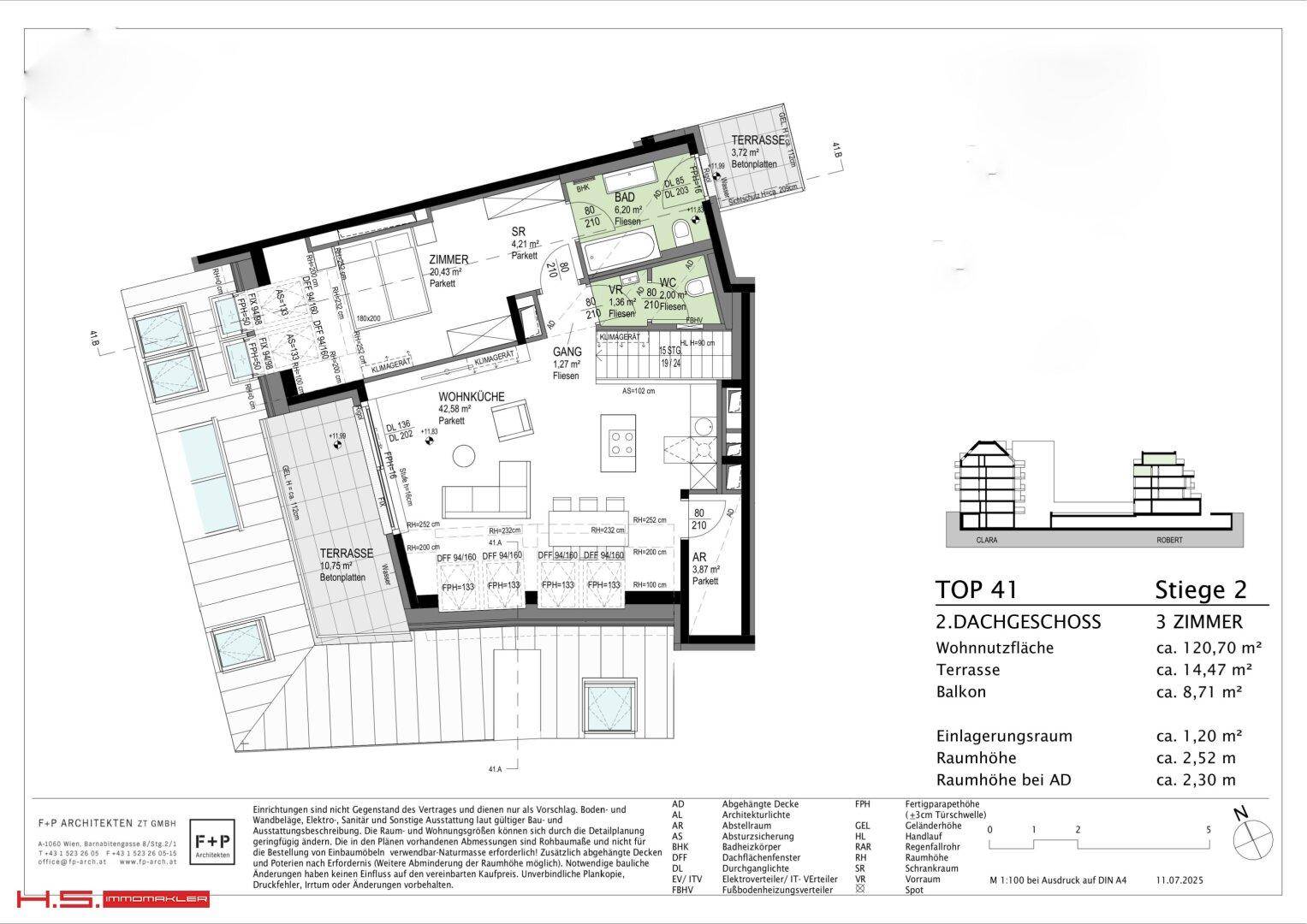 Grundriss des zweiten Dachgeschosses mit Wohnküche, Zimmern, Bad und großer Terrasse.
