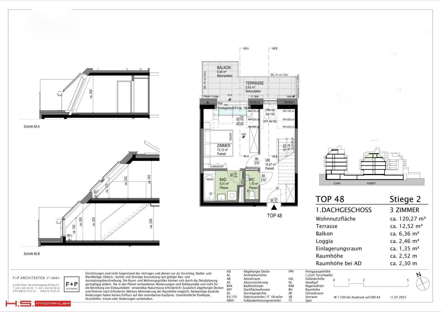 Grundriss des 1. Dachgeschosses mit Terrasse, Balkon und Loggia sowie Zimmeraufteilung.