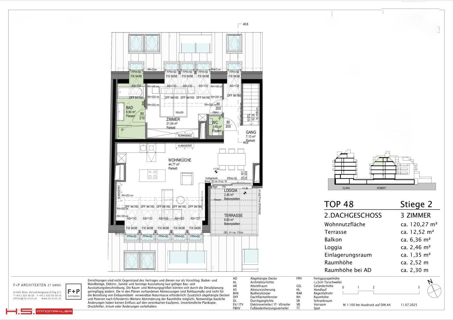 Grundriss des 2. Dachgeschosses mit offener Wohnküche, Terrasse und Loggia.