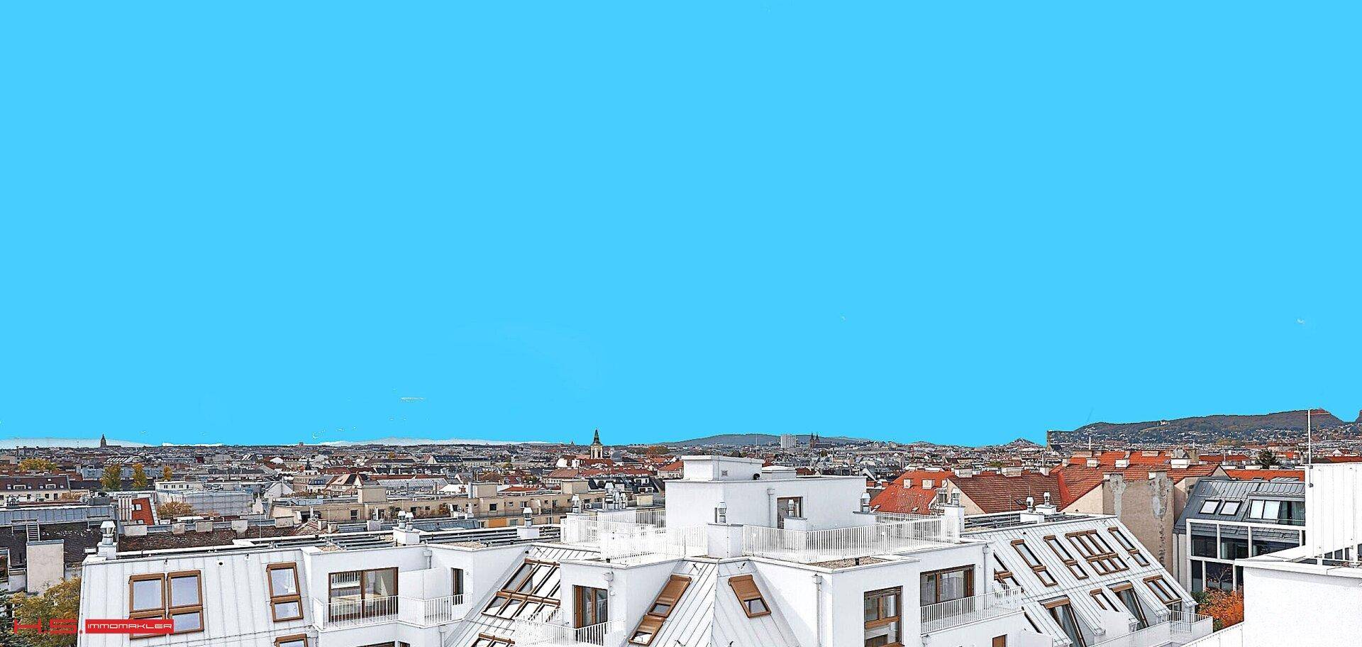 Panoramablick über die Dächer der Stadt mit vielen Gebäuden und einem weiten Horizont unter blauem Himmel.