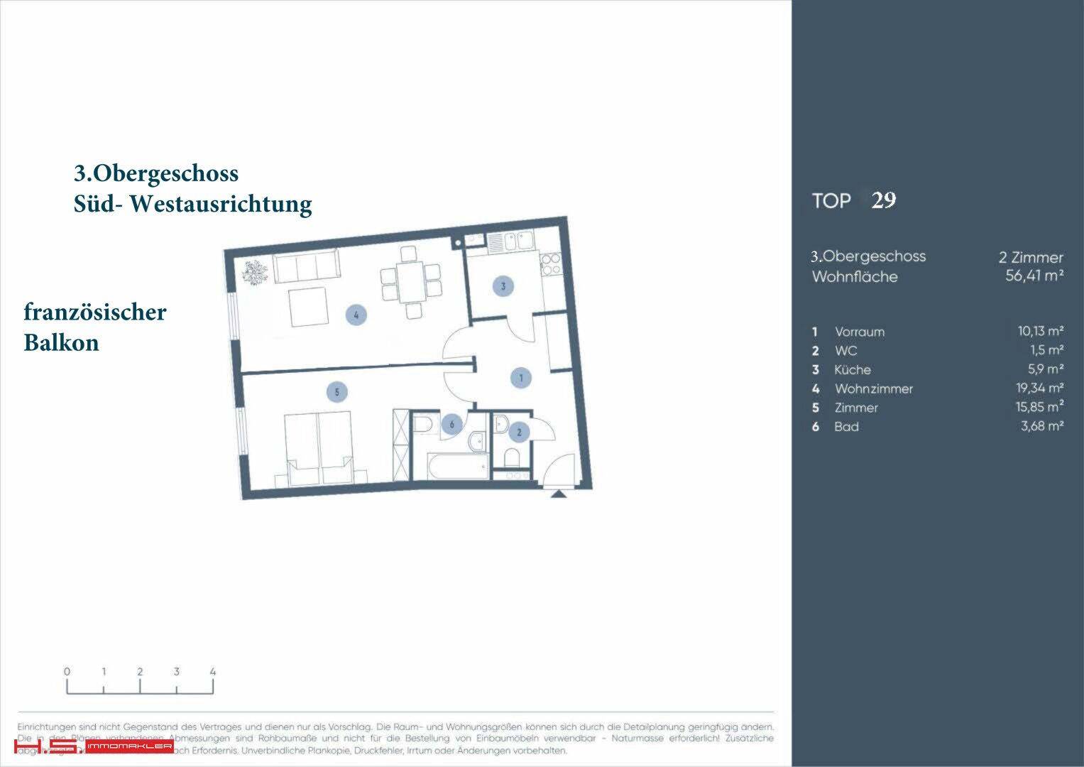 Grundriss der Wohnung im 3. Obergeschoss mit Süd-Westausrichtung und französischem Balkon.