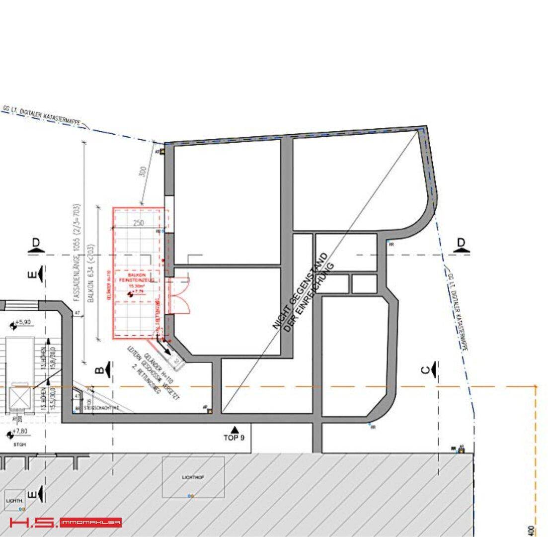 Detaillierter Grundriss einer Wohnung mit mehreren Zimmern und einem zugänglichen Balkon.