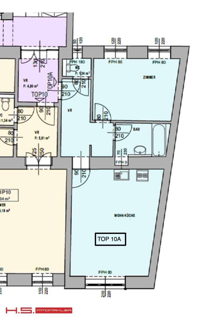 Grundriss einer Wohnung mit offener Wohnküche, einem Schlafzimmer und Bad mit Fenster.