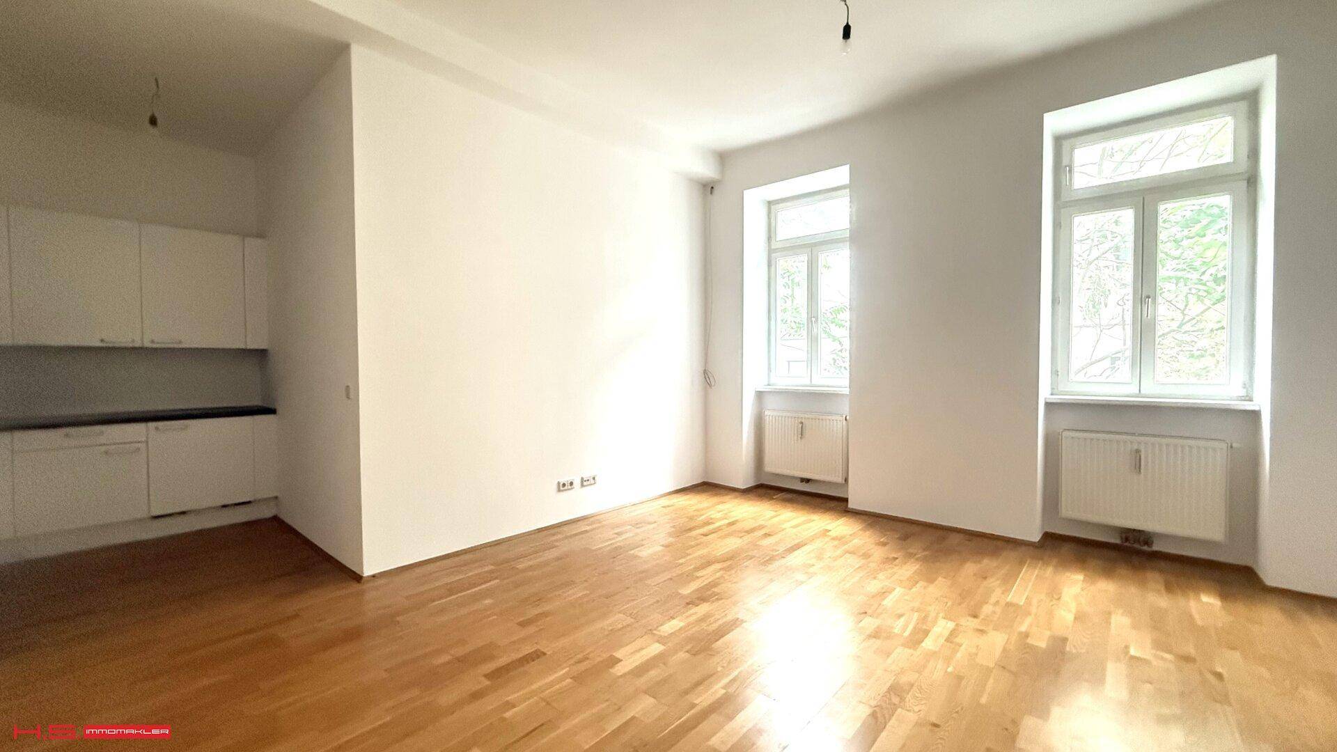 Heller Wohnbereich mit integrierter Küchenzeile, Parkettboden und zwei Fenstern.