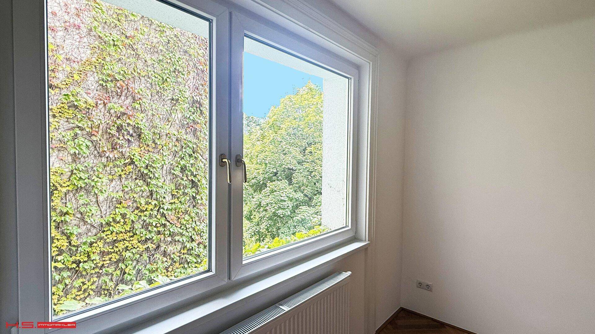 Heller Raum mit Fenster, das eine grüne Wand aus Efeu und Bäumen zeigt.
