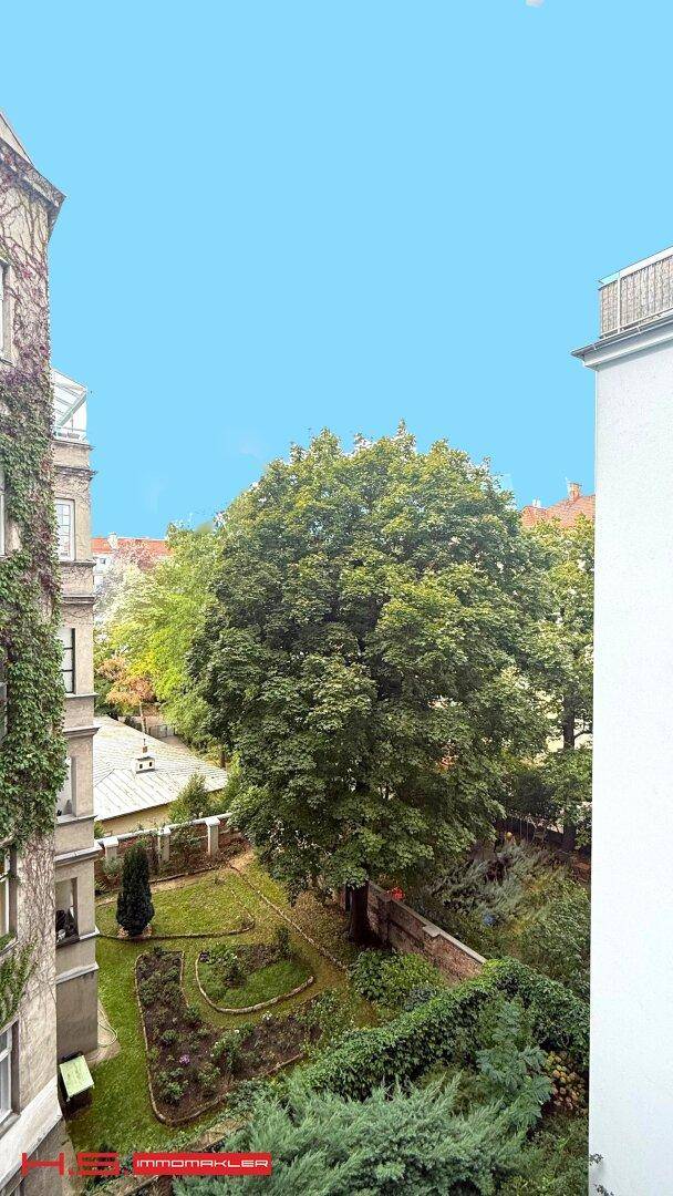 Gepflegter Innenhofgarten mit altem Baumbestand und grüner Bepflanzung, umgeben von Gebäuden.