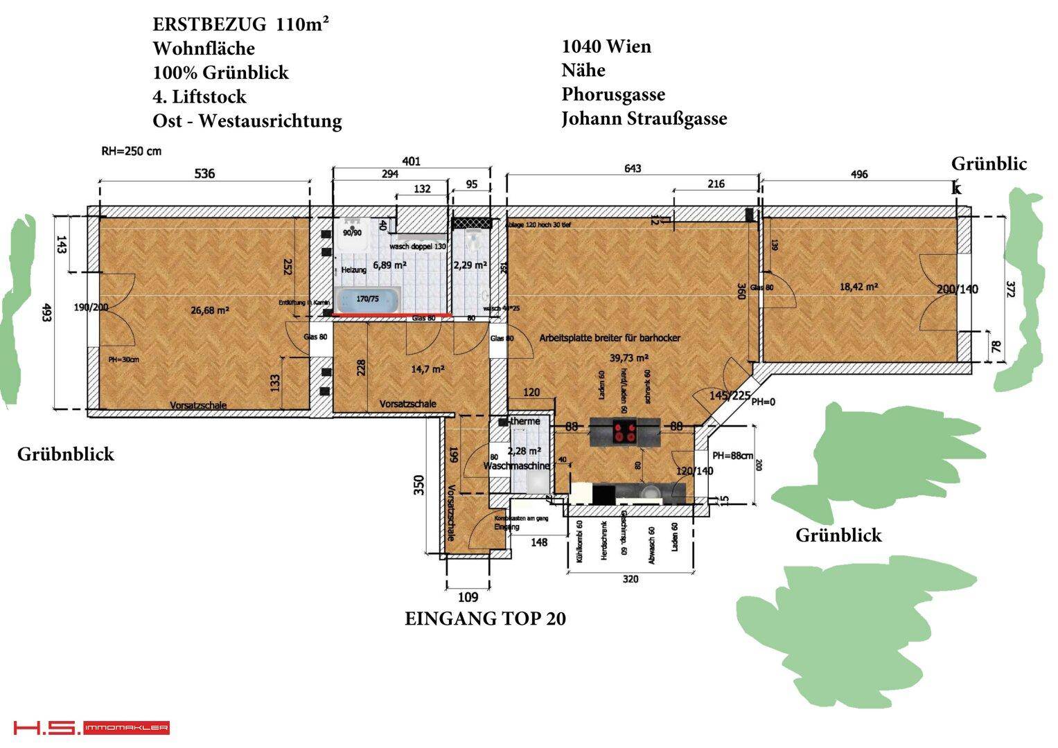 Grundriss einer 110m² Wohnung mit Ost-West-Ausrichtung und Grünblick.