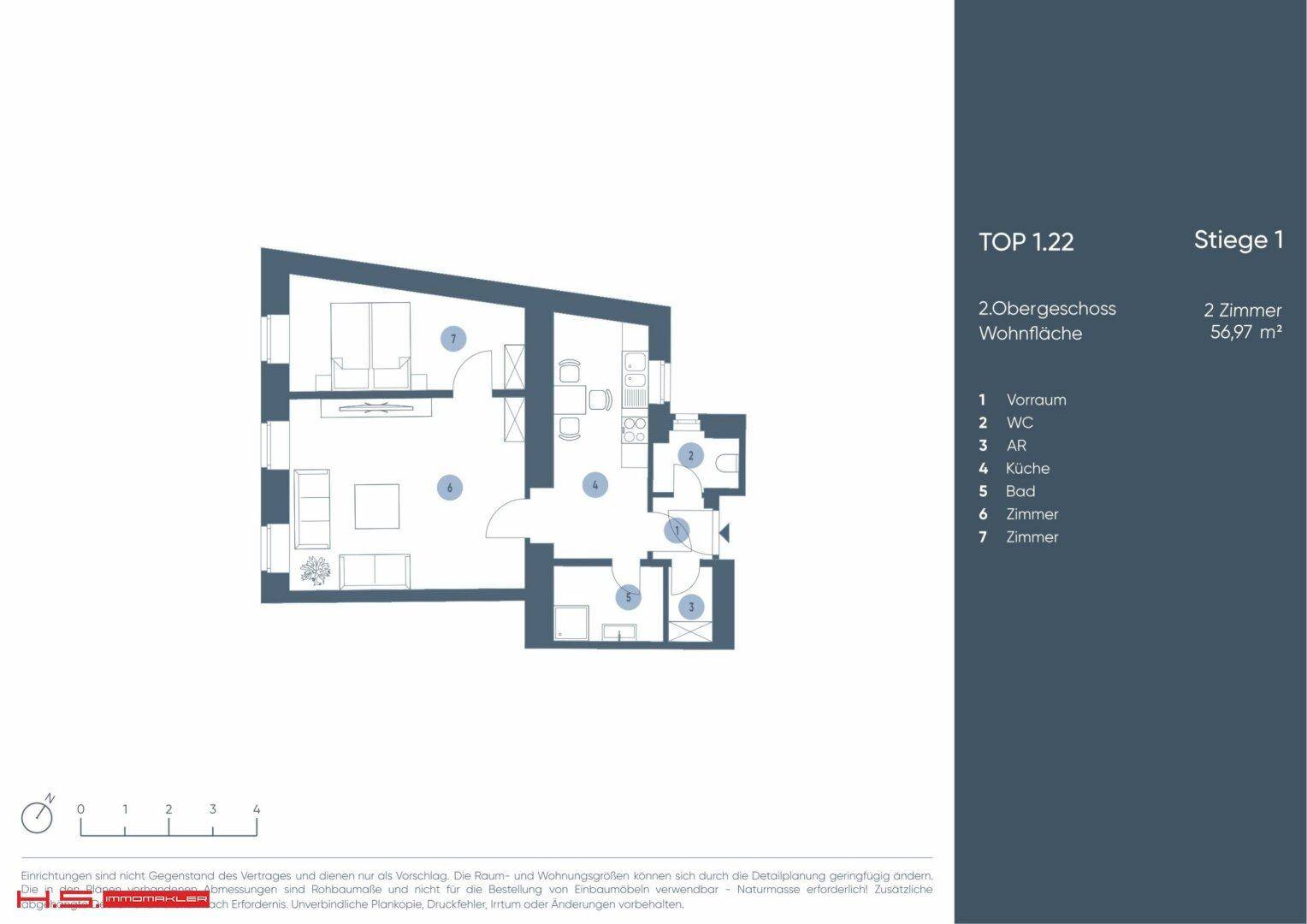 Grundriss der Wohnung Top 1.22 mit zwei Zimmern und einer Wohnfläche von 56,97 m².