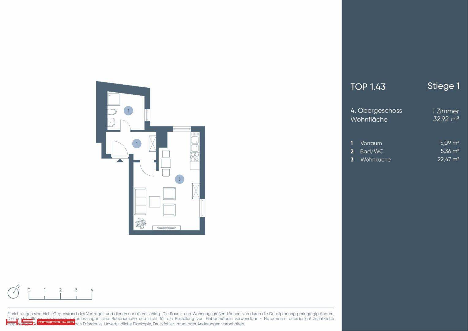 Grundriss einer 1-Zimmer-Wohnung im 4. Obergeschoss mit 32,92 m² Wohnfläche.