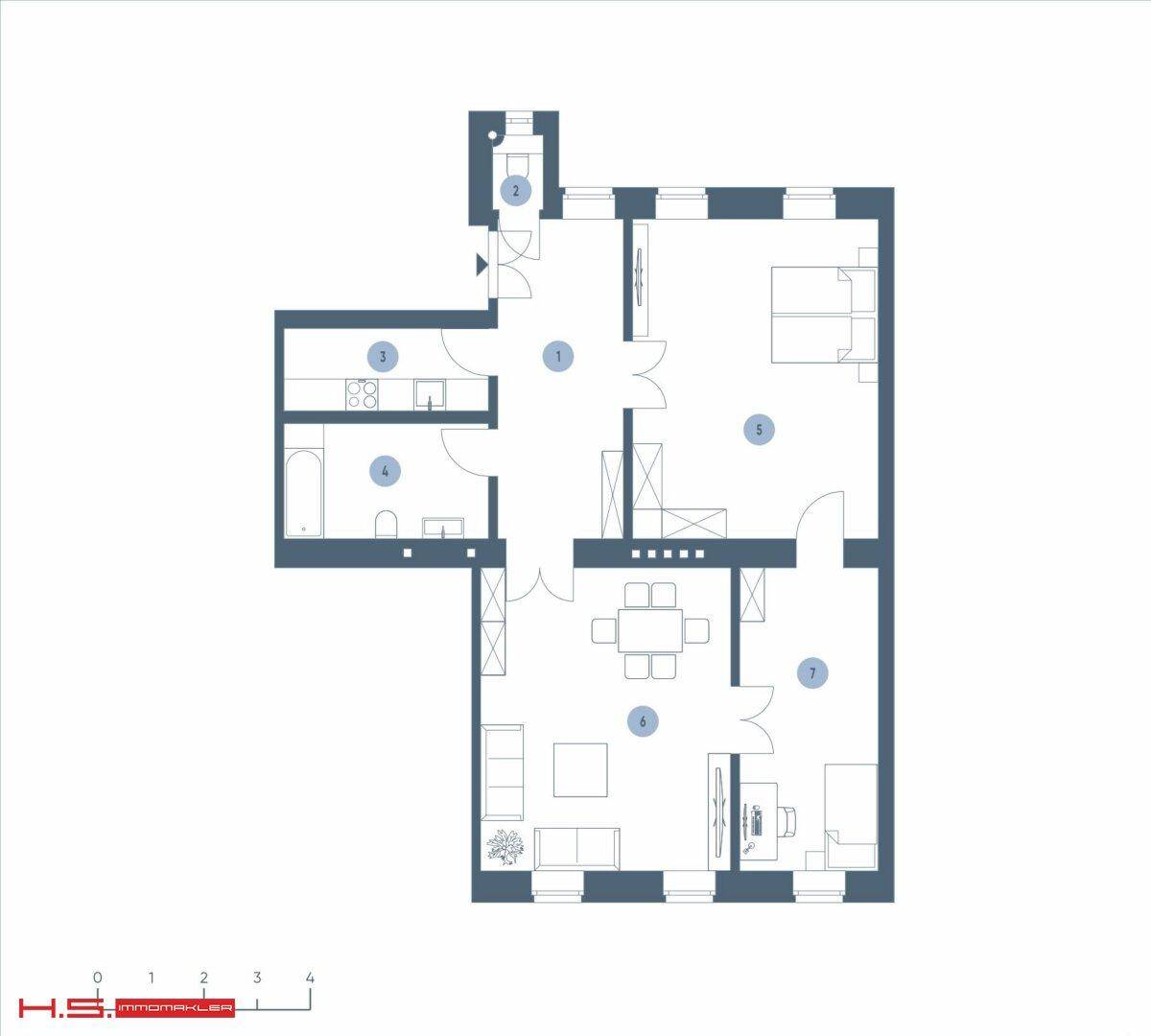 Grundriss einer Wohnung mit mehreren Zimmern, Bad, Gäste-WC, offener Wohnküche und Balkon.