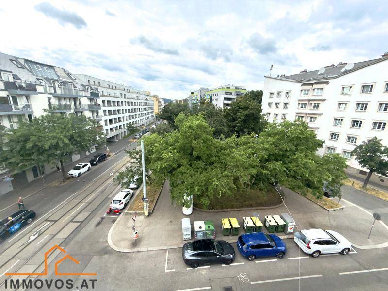 Blick auf eine belebte Stadtstraße mit parkenden Autos und viel Grün.