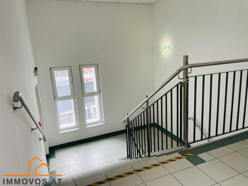 Treppenhaus mit Metallgeländer, weißen Wänden und Fenstern, bietet Zugang zu den oberen Etagen.