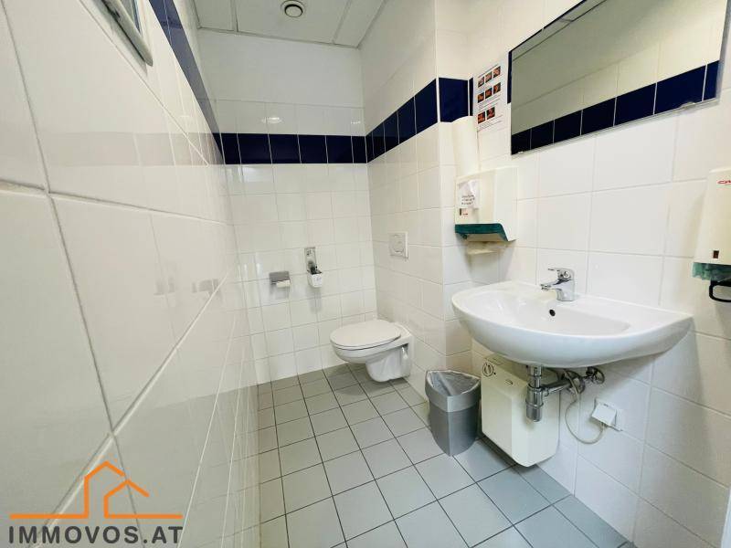 Toilettenraum mit weißen Fliesen, blauen Akzenten, einer Toilette und einem Waschbecken.