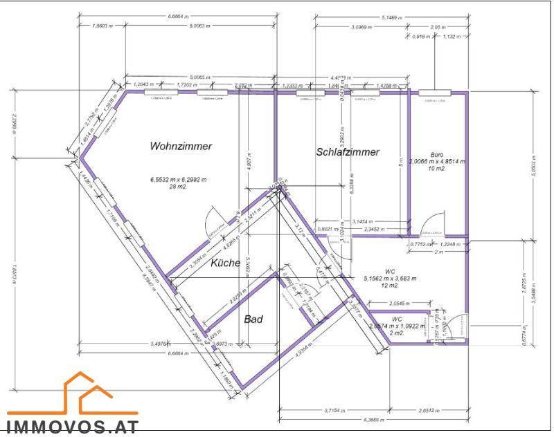 Grundrissplan der Wohnung mit Wohnzimmer, Schlafzimmer, Büro, Küche und Bädern.