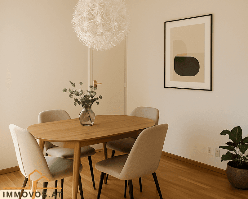 Gemütlicher Essbereich mit modernem Holztisch, vier Stühlen und einer auffälligen Deckenleuchte.