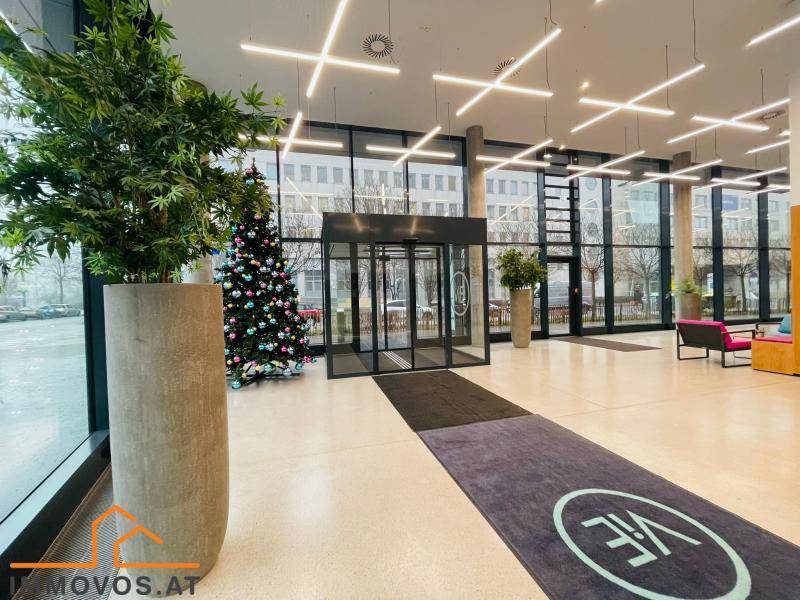 Heller Eingangsbereich eines modernen Gebäudes mit Drehtür, hohen Decken und festlicher Weihnachtsdekoration.