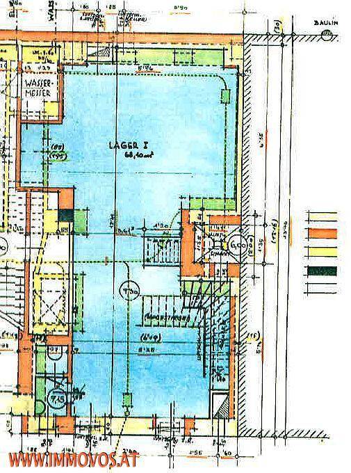 Detaillierter Grundriss eines Lagerbereichs mit eingezeichneten Maßen und Zugängen.