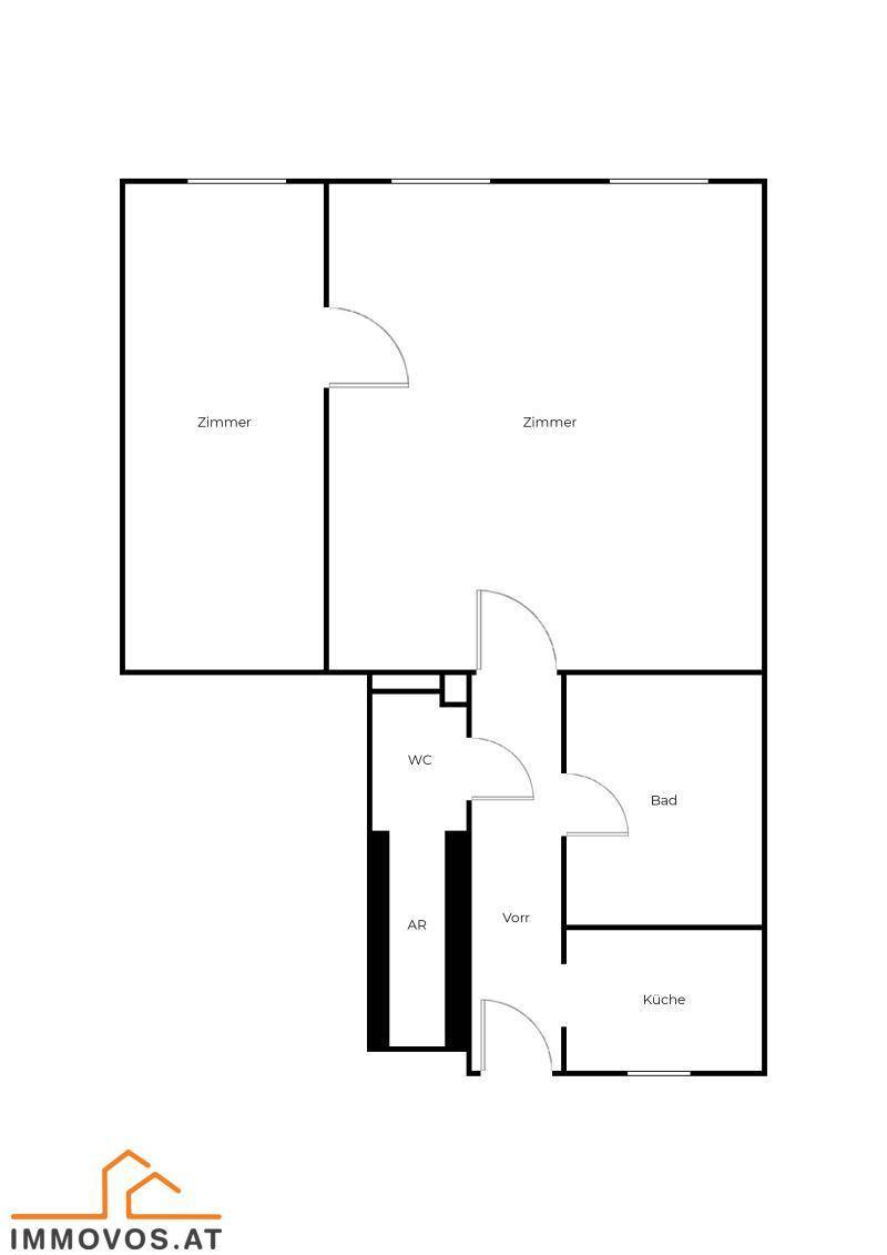 Übersichtlicher Grundriss der Wohnung mit Zimmern, Küche, Bad und separatem WC.