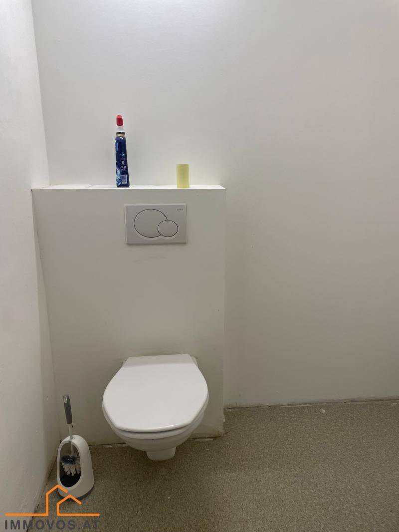 Schlichte Toilette mit wandhängendem WC und Spülkasten in einem hellen Raum.
