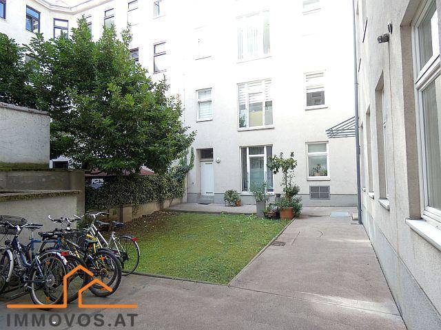 Grüner Innenhof mit Rasenfläche, Bäumen und Fahrradabstellplätzen.