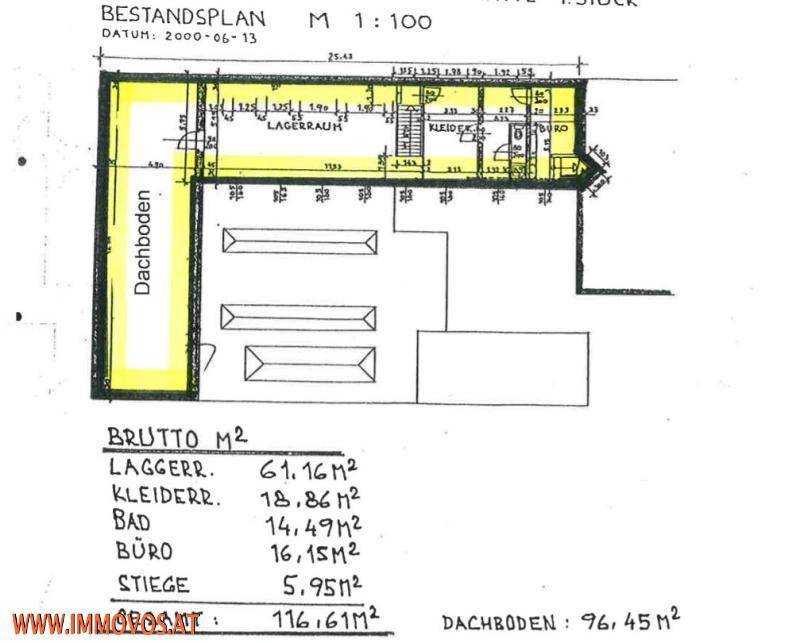 Bestandsplan mit Flächenangaben für Lagerraum, Kleiderraum, Bad, Büro und Stiege.