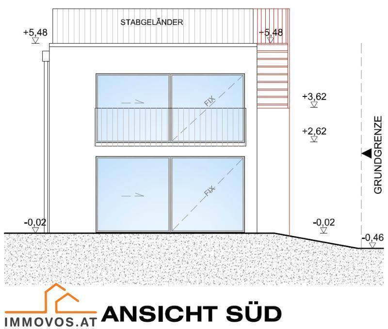 Ansicht Süd des Gebäudes mit großen Fensterfronten und Balkon.