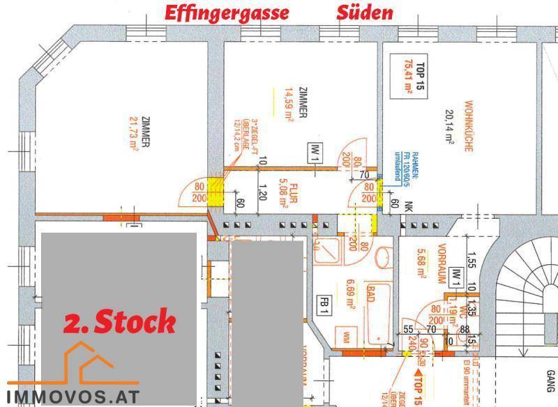 Grundriss der Wohnung im zweiten Stock mit offenem Wohnbereich und mehreren Zimmern.