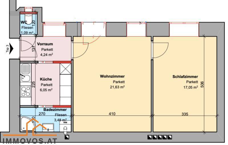 Grundriss einer Wohnung mit Wohnzimmer, Schlafzimmer, Küche, Bad und separatem WC.