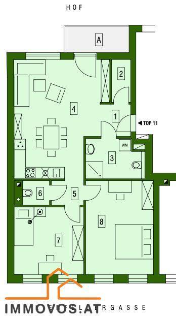 Grundriss einer Wohnung mit mehreren Räumen und einem Balkon.