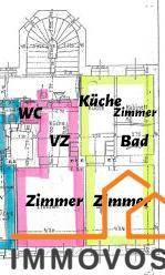 Unvollständiger Grundriss mit farblich markierten Bereichen für Küche, Bad und Zimmer.