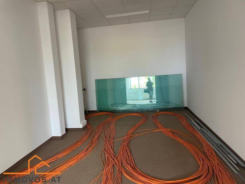 Bürofläche im Umbau mit Teppichboden, großen Glasscheiben und Kabeln auf dem Boden.