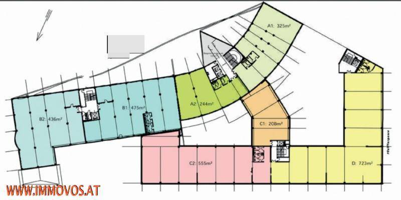 Übersichtlicher Grundrissplan mit farblich markierten Bereichen und Flächenangaben für verschiedene Büroeinheiten.