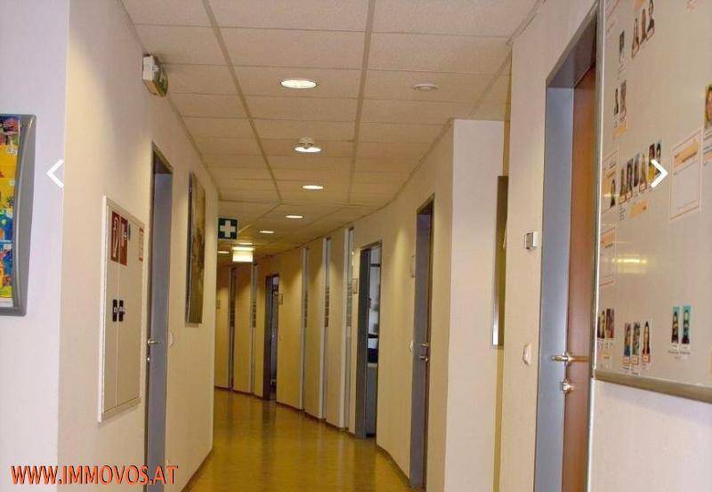 Langer, gut beleuchteter Büroflur mit mehreren Türen und einer abgehängten Decke, der zu verschiedenen Räumen führt.