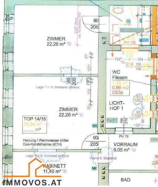 Grundriss der Wohnung mit Zimmern, WC, Lichthof und Vorraum, inklusive Flächenangaben.
