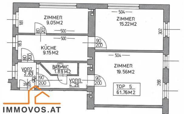 Grundriss einer Wohnung mit drei Zimmern, Küche und Bad/WC, Gesamtfläche 61,76 m².