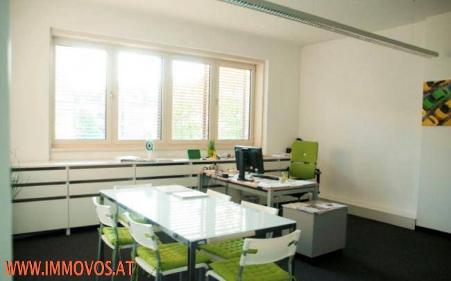 Helles Büro mit großem Fenster, Schreibtischen und einem Besprechungstisch.