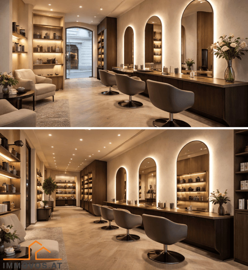 Elegantes Friseursalon-Interieur mit beleuchteten Spiegeln, Holzregalen und bequemen Stühlen.