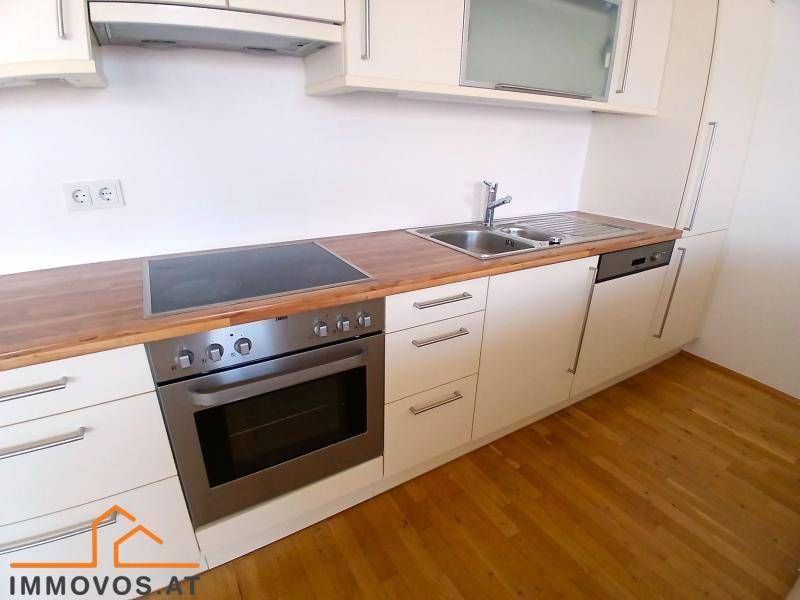 Detailansicht der Küchenzeile mit Spüle, Kochfeld, Backofen und Geschirrspüler in zeitgemäßem Design.