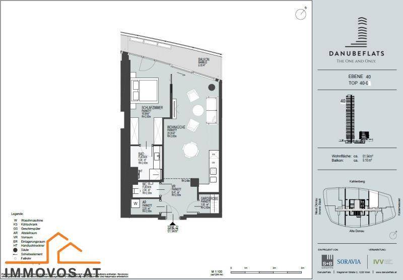 Detaillierter Grundriss einer Wohnung mit Schlafzimmer, Wohnküche und Balkon auf Ebene 40.