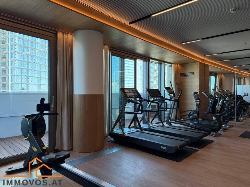 Moderner Fitnessraum mit verschiedenen Trainingsgeräten und großen Fenstern für viel Tageslicht.