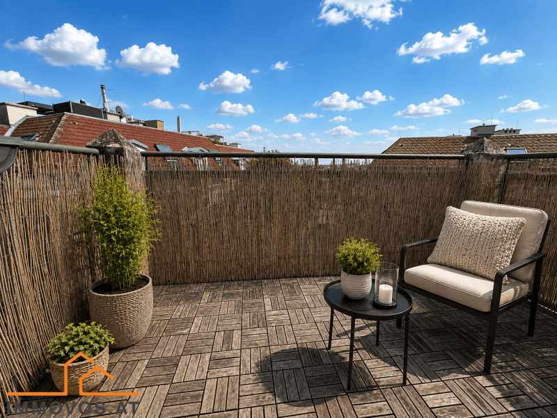 Einladender Balkon mit Holzdielen, Bambussichtschutz und bequemen Sitzgelegenheiten unter blauem Himmel.