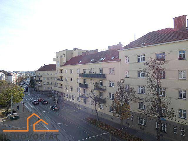 Weitläufiger Blick über eine städtische Straße mit Mehrfamilienhäusern und Bäumen im Herbst.
