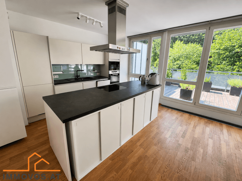 Moderne Küche mit Kochinsel, dunkler Arbeitsplatte und großen Fenstern zur Dachterrasse.