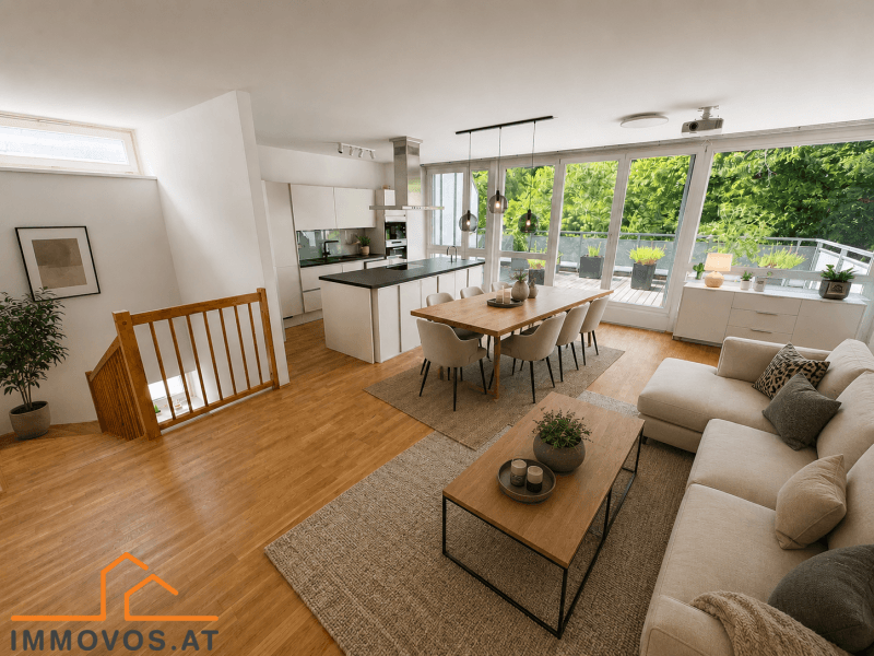 Offener Wohn-Essbereich mit integrierter Küche, Holzboden und Zugang zur Dachterrasse.