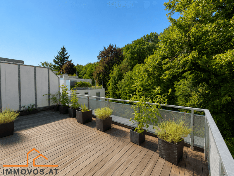 Helle Dachterrasse mit Holzboden und Pflanzen, bietet einen weiten Blick ins Grüne.