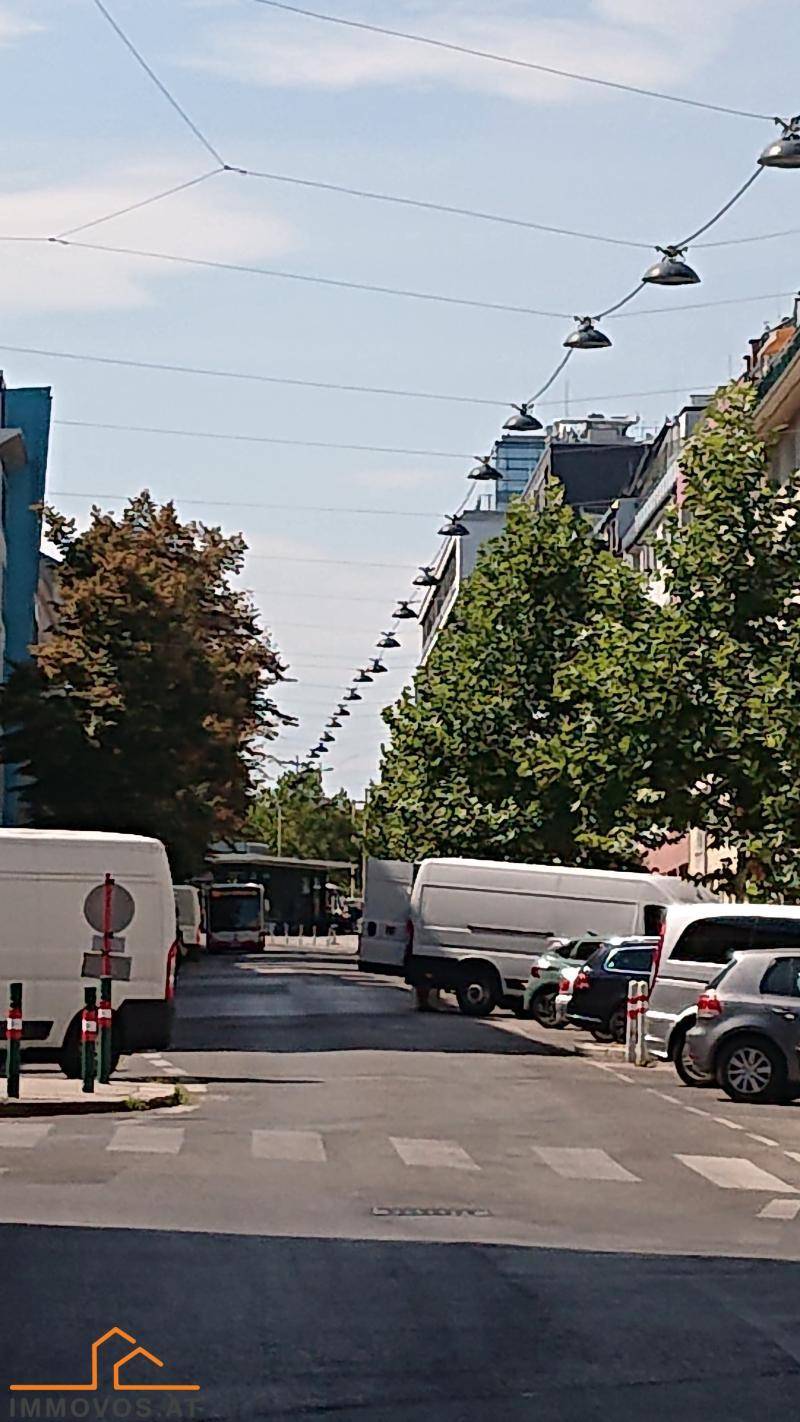 Belebte Stadtstraße mit parkenden Fahrzeugen, Bäumen und Gebäuden im Hintergrund.