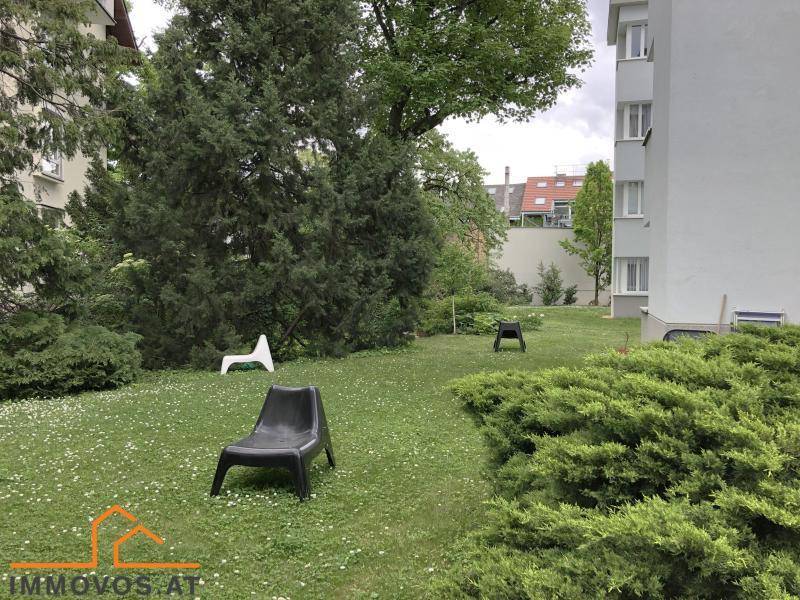 Gemeinschaftsgarten mit Rasenfläche, Bäumen und Sitzgelegenheiten.