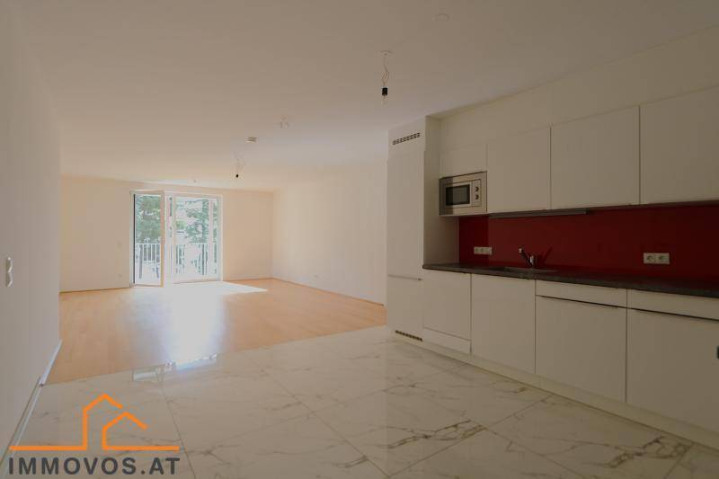 Offener Wohnbereich mit integrierter Küche, Parkettboden und Zugang zu einem Balkon.