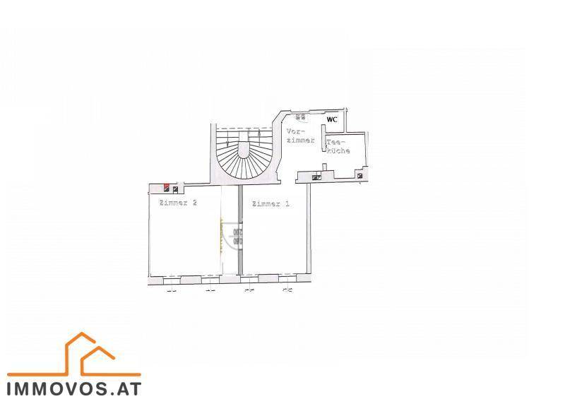 Grundrissplan mit zwei Zimmern, Vorzimmer, WC und Teeküche, inklusive Treppenhaus.
